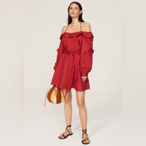 Marissa Webb Linen Mini Dress in Red Ruffled Off Shoulder Long Sleeve size small
